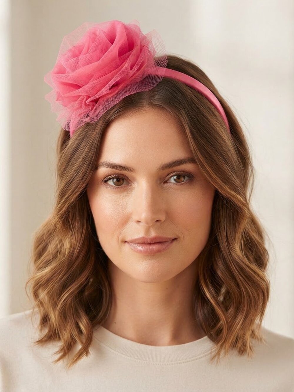 Pink‎ Thin Headband with Large Mesh Rose Floral Accent Hair Accessory